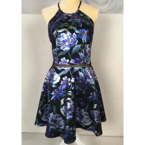 B Darlin Halter Dress Women Size 15/16 Black w White Blue Green Floral Metallic
